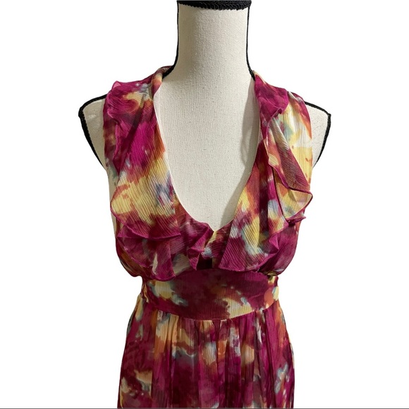 Chequer dress silk ruffle neckline sleeveless floral colorful. Womens size4 - Picture 2 of 11